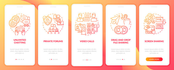 Business messaging option red onboarding mobile app page screen. Work service walkthrough 5 steps graphic instructions with concepts. UI, UX, GUI vector template with linear color illustrations