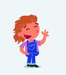cartoon character of little girl on jeans waving informally while smiling.