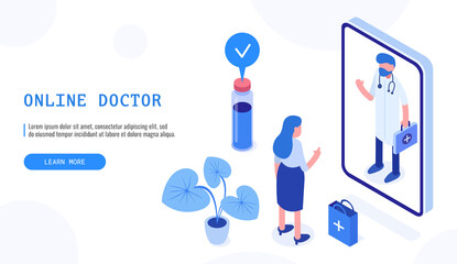 Healthcare online pharmacy concept. Female patient and doctor. Isometric web banner for landing page. Vector illustration.