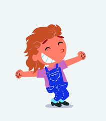 Euphoric little girl on jeans in funny cartoon character.