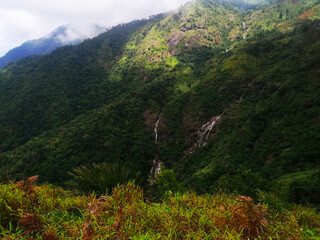 Top view of Pe To Lo Su Waterfall look like Heart Shaped at the top of mountain with green forest  in Umphang, Tak Province, Thailand.