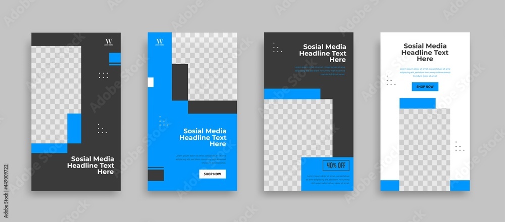 Wall mural set of editable minimal square banner template. blue black background color with geometric shapes fo