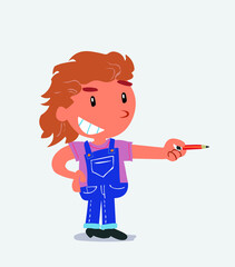 happy cartoon character of little girl on jeans points with pencil to the side.