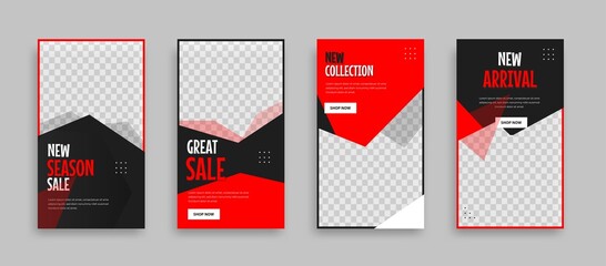 Set of Editable minimal square banner template.  Red black background color with geometric shapes for social media post, story and web internet ads. Vector illustration