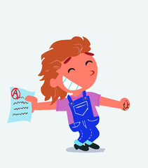 happy cartoon character of little girl on jeans rejoices with exam in hand.