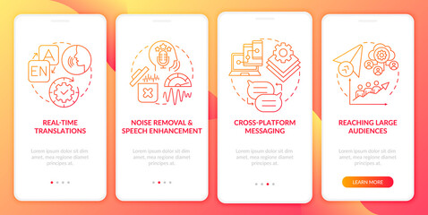 IM advanced feature red onboarding mobile app page screen. Cross platform messaging walkthrough 4 steps graphic instructions with concepts. UI, UX, GUI vector template with linear color illustrations