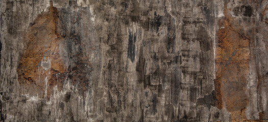 Hand-painted wall background texture with rusty wall with concrete textured layer. Gray and black on red and orange.