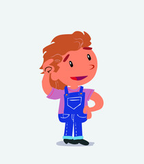 Thoughtful cartoon character of little girl on jeans scratching his head.