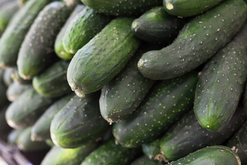 cucumbers on market counter in wicker basket