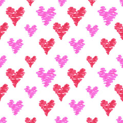 Seamless pattern with a print of hearts in the style of doodle drawn by markers with felt-tip pens.