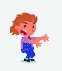 Very angry cartoon character of little girl on jeans pointing at something at side.