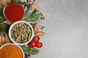 Fototapeta na wymiar Flat lay composition with different natural spices and herbs on light grey table, space for text