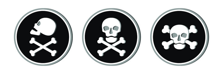 Human skull in side and full face view and crossbones. Isolated illustration in flat style on the black circle. Poison sign and symbol on white background for design. Danger to humans. Icon of hazard.