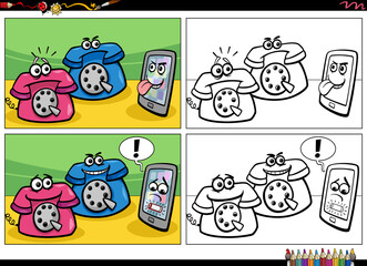 comic story with old phones and smart phone color book page