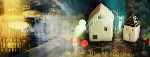 house model with stock market graph and coin money stack with wealthy golden blur light for real...