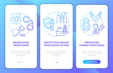 Obraz na płótnie Canvas Anti-trafficking actions onboarding mobile app page screen. Prohibit exploitation walkthrough 3 steps graphic instructions with concepts. UI, UX, GUI vector template with linear color illustrations