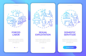 Human exploitation types onboarding mobile app page screen. Forms of forced labor walkthrough 3 steps graphic instructions with concepts. UI, UX, GUI vector template with linear color illustrations
