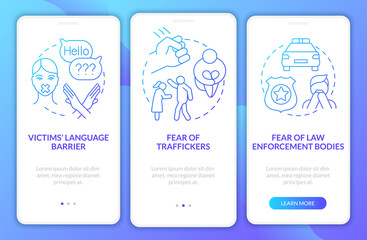 People trafficking victims onboarding mobile app page screen. Traumatic experience walkthrough 3 steps graphic instructions with concepts. UI, UX, GUI vector template with linear color illustrations