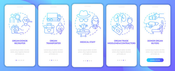 Organ trade trafficking member onboarding mobile app page screen. Walkthrough 5 steps graphic instructions with concepts. UI, UX, GUI vector template with linear color illustrations