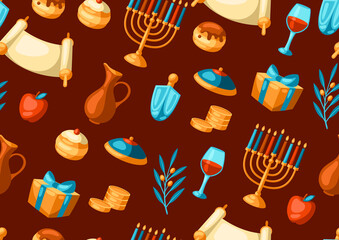 Happy Hanukkah seamless pattern with religious symbols. Background with holiday objects.