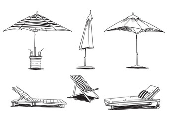 set of caise lognue chairs  and umbrellas, pool and beach  furniture vector line drawing - 449011536