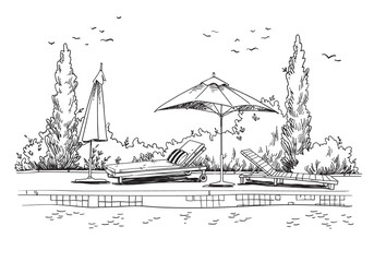 By the pool. Black and white quirky sketch of sunbeds by the pool - 449011540