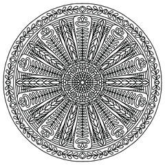 mandala with abstract figures and flowers drawn in folk style on a white background for coloring, vector