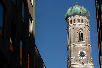 Fototapeta na wymiar Looking up at one if the towers of the Munich Cathedral of Our Dear Lady