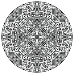abstract mandala with linear ornaments drawn for coloring on a white background, vector