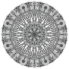 abstract mandala with flowers and ornaments in folk style drawn for coloring on a white background, vector