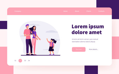 Schoolgirl with backpack walking to her parents. Mom reaching hands to daughter, dad using cell flat vector illustration. Parenthood, family concept for banner, website design or landing web page