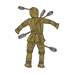 Straw dummy with arrows color sketch engraving vector illustration. T-shirt apparel print design. Scratch board imitation. Black and white hand drawn image.