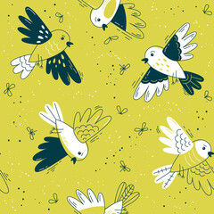 Flock of funny birds  - vector seamless pattern. Loop pattern for fabric, textile, wallpaper, posters, gift wrapping paper, napkins, tablecloths. Print for kids, children. Children's pattern