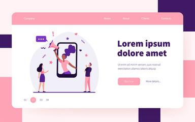 Tiny young people listening woman on smartphone screen. Phone, loudspeaker, network flat vector illustration. Advertising and digital technology concept for banner, website design or landing web page