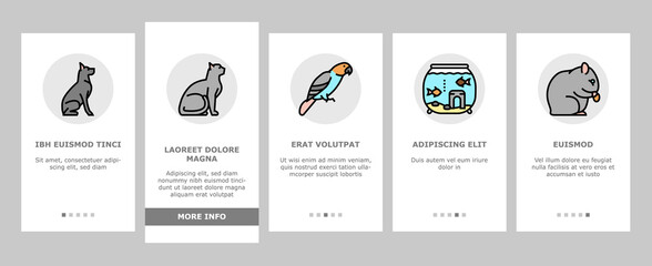 Pets Domestic Animal Onboarding Mobile App Page Screen Vector. Dog And CAt Pets, Horse And Donkey, Pig And Bull Or Cow Farmland Beast, Parrot And Chicken Bird Illustrations