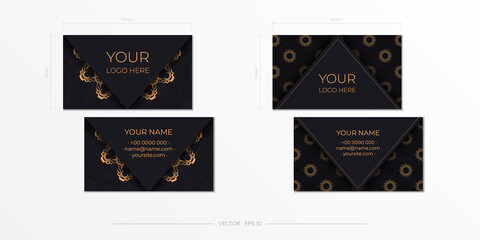Black business cards with luxurious gold patterns. Business card design with vintage ornament.