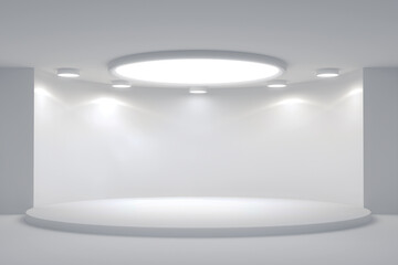 Round Stage in Niche in white room interior empty pedestal for exhibition for presentation of goods. Mockup template for design