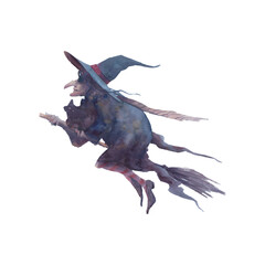 Watercolor silhouette of flying witch on broomstick. Halloween illustration isolated on white background