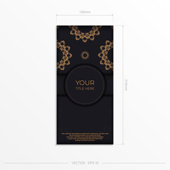 Rectangular Postcard template in black color with luxury gold ornaments. Print-ready invitation design with vintage patterns.