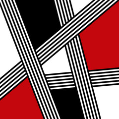 Abstract illustration with geometric shapes and black and white stripes decoration in red, black and white colors