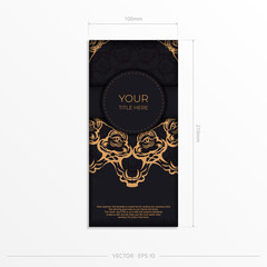 Rectangular Preparing postcards in black with luxurious gold ornaments. Template for design printable invitation card with vintage patterns.