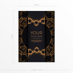 Rectangular Black Postcard Template with Luxurious Gold Patterns. Print-ready invitation design with vintage ornaments.