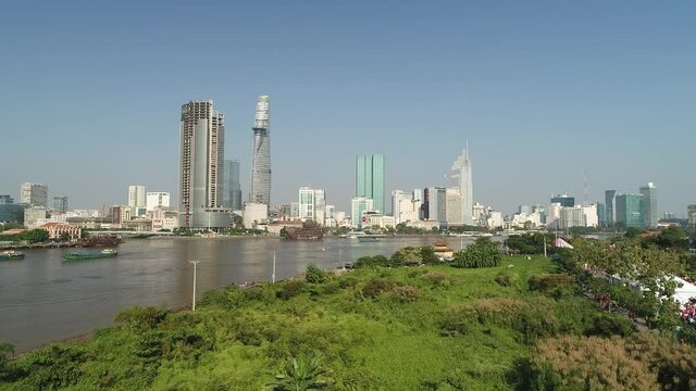 Aerial view of District 1, Ho Chi Minh city overlooking from The new city Thu Thiem Urban Area at District 2 or Thu Duc city in November 2019