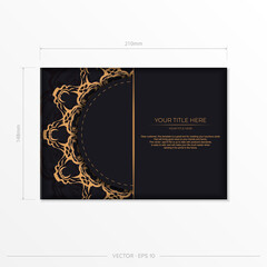 Rectangular Vector Preparing postcards in black with luxury gold ornaments. Template for design printable invitation card with vintage patterns.