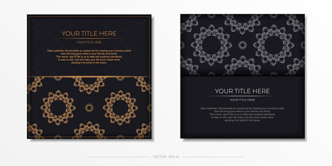 Fototapeta na wymiar Square Vector Black color postcard template with luxury gold patterns. Print-ready invitation design with vintage ornaments.