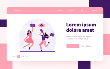 Two cheerful women celebrating and jumping with gifts. Present, loudspeaker, fun flat vector illustration. Promotion and advertising concept for banner, website design or landing web page