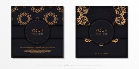 Square Vector Preparing postcards in black with luxurious golden patterns. Template for print design invitation card with vintage ornament.