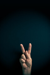 Colour image of hand demonstrating ASL sign language letter K with empty copy space