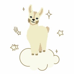 Alpaca llama is funny on a white background with stars. For printing on textiles, souvenirs and posters. Vector illustration.