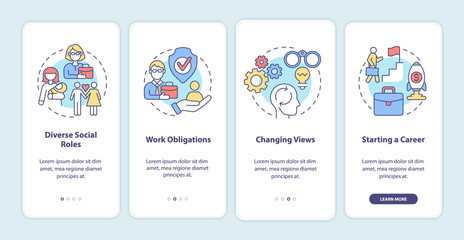 Social roles onboarding mobile app page screen. Work obligations. Starting a career walkthrough 4 steps graphic instructions with concepts. UI, UX, GUI vector template with linear color illustrations